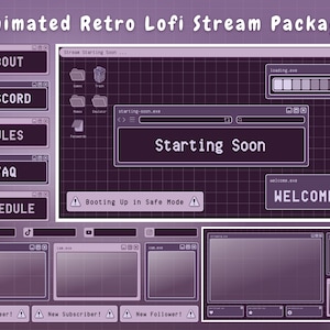 Twitch Overlay Stream Package - Dark Purple Retro Lofi Aesthetic  - Animated Twitch Overlay Lofi Twitch Overlay Purple Windows Alerts Panels