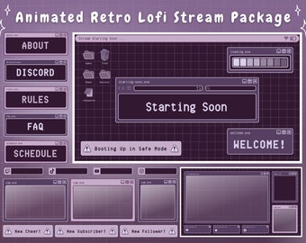 Twitch Overlay Stream Package - Dark Purple Retro Lofi Aesthetic  - Animated Twitch Overlay Lofi Twitch Overlay Purple Windows Alerts Panels