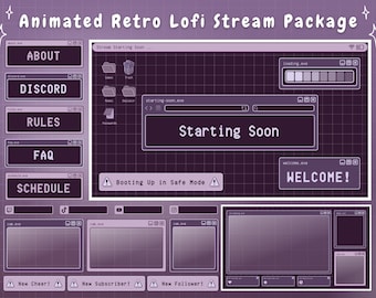 Twitch Overlay Stream Package - Dark Purple Retro Lofi Aesthetic  - Animated Twitch Overlay Lofi Twitch Overlay Purple Windows Alerts Panels