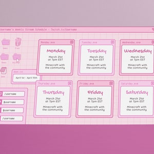 Puede incluir: Un planificador digital rosa y blanco con un horario de transmisi&oacute;n semanal para Twitch. El planificador tiene un dise&ntilde;o de cuadr&iacute;cula con los d&iacute;as de la semana etiquetados: Lunes, Martes, Mi&eacute;rcoles, Jueves, Viernes y S&aacute;bado. Cada d&iacute;a tiene un cuadro con la fecha, la hora y la actividad: Minecraft con la comunidad. El planificador tambi&eacute;n incluye iconos de redes sociales para Twitter, Instagram y YouTube.