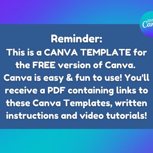 Puede incluir: Texto azul y blanco sobre un fondo azul con las palabras "Reminder: This is a CANVA TEMPLATE for the FREE version of Canva. Canva is easy & fun to use! You'll receive a PDF containing links to these Canva Templates, written instructions and video tutorials!" y un peque&ntilde;o c&iacute;rculo con las palabras "EDIT IN Canva" en texto blanco sobre un fondo morado.
