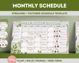 Cozy Plants Lofi Desk Twitch YouTube Monthly Stream Schedule | Social Media | Canva Twitch Schedule | Greenhouse, Cute Green Leaves Leaf