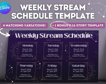 Könnte beinhalten: Eine violette und goldene Vorlage für einen wöchentlichen Stream-Zeitplan mit einem Sternenhimmel-Hintergrund. Die Vorlage enthält für jeden Wochentag ein Feld mit Datum, Uhrzeit und einer Beschreibung des Streams. Der Text "Weekly Stream Schedule" befindet sich oben auf der Vorlage.