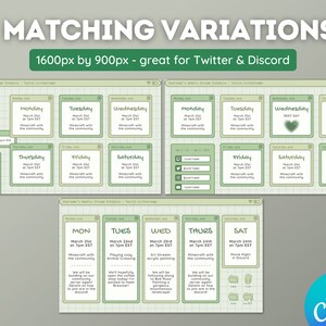 Puede incluir: Tres variaciones de una plantilla de programaci&oacute;n de transmisi&oacute;n semanal verde y blanca con un fondo de cuadr&iacute;cula. La plantilla est&aacute; dise&ntilde;ada para su uso en Twitter y Discord. La plantilla incluye los d&iacute;as de la semana, las fechas y las horas. El texto "1600px por 900px - ideal para Twitter y Discord" est&aacute; en la parte superior de la imagen.