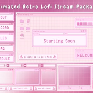 Pacote de transmissão de sobreposição de Twitch Rosa Retro Lofi Bonito Kawaii Estética - Sobreposição de Twitch animada Lofi Sobreposição de Twitch Rosa Painéis de alertas do Windows
