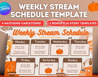 Pumpkin Spice Twitch YouTube Weekly Stream Schedule | Social Media | Editable Canva Template | Coffee Theme, Warm Comfy Kawaii Café Latte