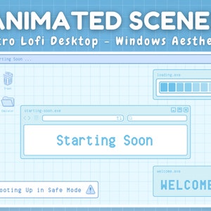 以下が含まれることがあります： グリッドパターンが施された青と白のデジタルデスクトップ画面。画面には「Stream Starting Soon...」というメッセージと、「Starting Soon」というテキストが表示されたウィンドウが表示されています。画面には、フォルダアイコン、ゴミ箱アイコン、および「loading.exe」というテキストが表示されたプログレスバーも表示されています。「Booting Up in Safe Mode」というテキストが画面の下部に表示されています。