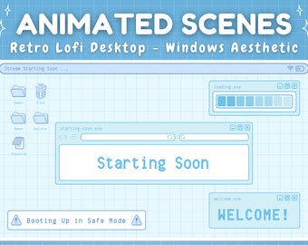 Écrans Twitch animés - Blue Retro Lofi Windows Aesthetic - Commence bientôt, soyez de retour tout de suite, scène de fin de flux Kawaii Light Blue Lofi Y2K