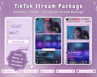 TikTok Stream Overlay-paket Lila Retro Lofi Kawaii - Animerad Vertikal Livestream Y2K Lila