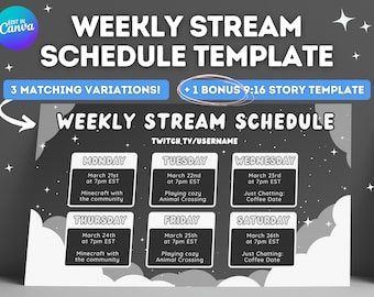 Könnte beinhalten: Eine schwarz-weiße Grafikvorlage für einen wöchentlichen Stream-Plan. Die Vorlage enthält einen Titel, "Wöchentlicher Stream-Plan", und einen Untertitel, "Twitch.tv/username". Die Vorlage ist in sieben Wochentage unterteilt, wobei jeder Tag ein Feld für Datum, Uhrzeit und Aktivität hat. Die Vorlage ist für Streamer gedacht, um ihre Streams und ihren Zeitplan zu bewerben.