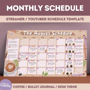 Puede incluir: Una plantilla de calendario mensual para streamers y YouTubers con un tema de café y bullet journal. La plantilla presenta un calendario con un fondo marrón claro y acentos morados. El calendario está etiquetado como "The August Schedule" e incluye los días de la semana, las fechas y espacio para programar eventos. La plantilla también incluye una sección de notas con el encabezado "Notes".