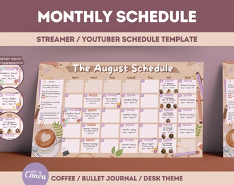 Cozy Lofi Desk Twitch YouTube Monthly Stream Schedule | Social Media | Canva Twitch Schedule | Cafe Coffee Theme, Warm Comfy Kawaii Cute