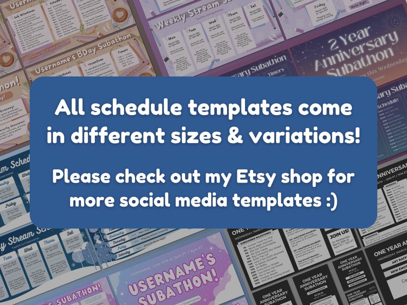 Puede incluir: Un collage de plantillas de redes sociales coloridas para un subathon, con diferentes dise&ntilde;os y dise&ntilde;os. El texto "All schedule templates come in different sizes & variations! Please check out my Etsy shop for more social media templates :)" se muestra en el centro de la imagen.