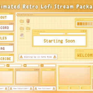 May include: A retro-style animated stream package with a yellow and orange color scheme. The package includes a starting soon screen, a welcome screen, a chat window, and a subscribe button. The text "Animated Retro Lofi Stream Package" is at the top of the image.