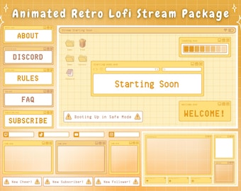 May include: A retro-style animated stream package with a yellow and orange color scheme. The package includes a starting soon screen, a welcome screen, a chat window, and a subscribe button. The text "Animated Retro Lofi Stream Package" is at the top of the image.