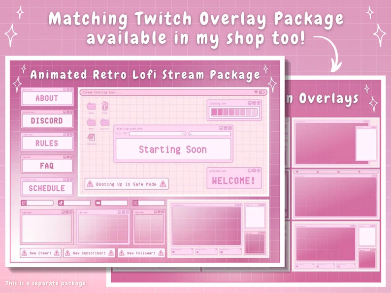 Puede incluir: Paquete de superposici&oacute;n de transmisi&oacute;n Twitch retro lo-fi animado con un esquema de color rosa y blanco. La superposici&oacute;n incluye una pantalla de inicio, una pantalla de bienvenida y una variedad de otras pantallas para diferentes prop&oacute;sitos. La superposici&oacute;n tambi&eacute;n incluye una variedad de elementos animados, como un cursor en movimiento y una notificaci&oacute;n parpadeante.