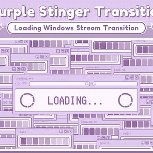 May include: A purple and white digital illustration of a loading screen with the text "LOADING..." in the center. The screen is surrounded by multiple smaller windows with loading bars and the text "loading" in various sizes and positions.