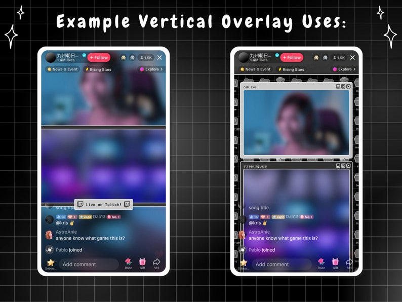 May include: Two screenshots of a live stream on a mobile phone. The top screen shows a blurred image of a person with a black circle and the text "九州朝日 1.4M likes" in the top left corner. The bottom screen shows a blurred image of a video game with the text "Live on Twitch!" in the center. The text "song title" is in the top left corner. The text "@kris" is in the bottom left corner. The text "anyone know what game this is?" is in the center. The text "Pablo joined" is in the bottom left corner. The text "Add comment" is in the bottom center.