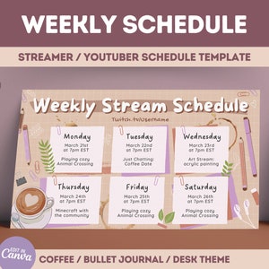 Puede incluir: Una plantilla de programación semanal para streamers con un tema de café y bullet journal. La plantilla está diseñada para ayudar a los streamers y YouTubers a planificar su contenido y programar sus transmisiones. La plantilla incluye un calendario con los días de la semana, franjas horarias y espacio para notas. La plantilla también incluye una taza de café, un lápiz y un clip.