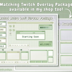 Puede incluir: Un paquete de transmisi&oacute;n en directo de estilo retro lofi animado en verde y blanco para Twitch. El paquete incluye una pantalla de inicio, una pantalla de bienvenida, una pantalla de programaci&oacute;n, una pantalla de reglas, una pantalla de preguntas frecuentes, una pantalla de discord y una pantalla de informaci&oacute;n. El paquete tambi&eacute;n incluye una nueva alerta de animaci&oacute;n, nuevo suscriptor y nuevo seguidor. &iexcl;El paquete tambi&eacute;n est&aacute; disponible en mi tienda! Este es un paquete separado.