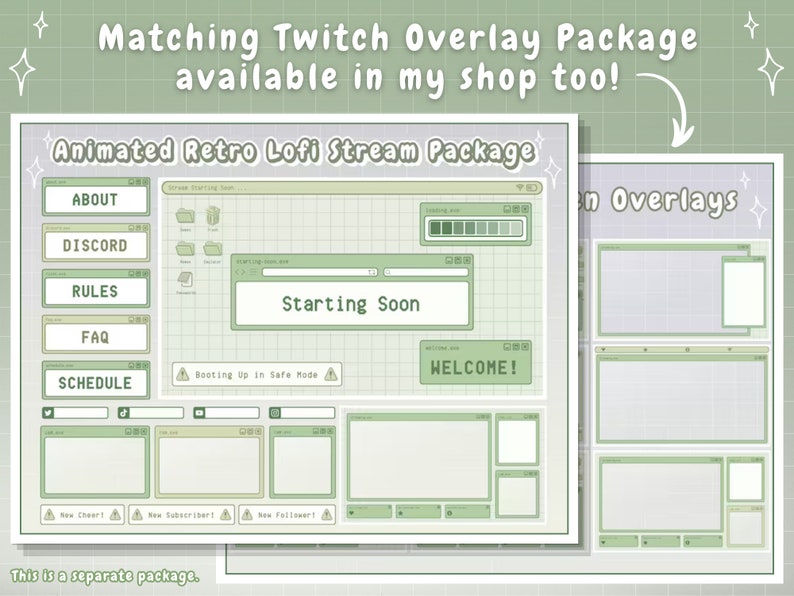 Puede incluir: Un paquete de transmisi&oacute;n en directo de estilo retro lofi animado en verde y blanco para Twitch. El paquete incluye una pantalla de inicio, una pantalla de bienvenida, una pantalla de programaci&oacute;n, una pantalla de reglas, una pantalla de preguntas frecuentes, una pantalla de discord y una pantalla de informaci&oacute;n. El paquete tambi&eacute;n incluye una nueva alerta de animaci&oacute;n, nuevo suscriptor y nuevo seguidor. &iexcl;El paquete tambi&eacute;n est&aacute; disponible en mi tienda! Este es un paquete separado.