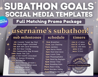 Könnte beinhalten: Eine Social-Media-Vorlage für einen Subathon mit einem lila und goldenen Farbschema. Das Design umfasst Abschnitte für Sub-Meilensteine, einen Zeitplan und Timer mit dem Text "Subathon Goals" und "Social Media Templates". Bearbeitbar in Canva.