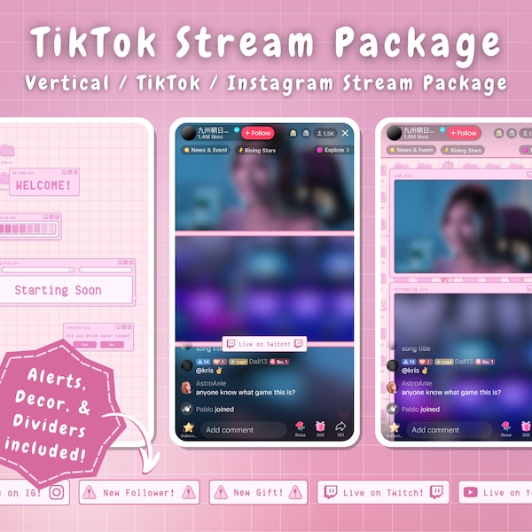 TikTok Stream Overlay Paket - Rosa Retro Lofi Kawaii Ästhetik - Animiertes Vertikal Overlay Lofi Rosa TikTok Live Overlay Hell Rosa Niedlich