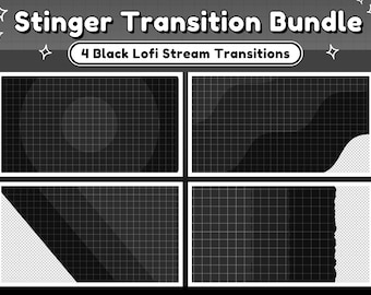 May include: Four black and white animated transitions for streaming. The transitions feature a grid pattern with a variety of shapes and effects. The text "Stinger Transition Bundle" and "4 Black Lofi Stream Transitions" is visible at the top of the image.