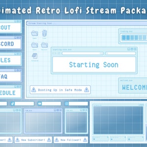 Pacote de transmissão de sobreposição do Twitch - Azul Retro Lofi Pastel Azul Estético - Sobreposição animada do Twitch Lofi Painéis de alertas do Windows