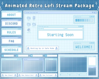 Twitch Overlay Stream Package - Blue Retro Lofi Pastel Blue Aesthetic  - Animated Twitch Overlay Lofi Twitch Overlay Windows Alerts Panels