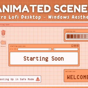 Puede incluir: Un escritorio de computadora de estilo retro con un fondo naranja claro y un patrón de cuadrícula. La pantalla muestra un mensaje que dice "Stream Starting Soon..." y una ventana con el texto "Starting Soon". El escritorio también muestra iconos para "Games", "Trash", "Memes", "Emulator" y "Passwords".