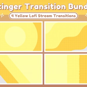 May include: Four yellow lofi stream transitions with a grid pattern. The transitions include a circle, a wave, a diagonal line, and a vertical line.