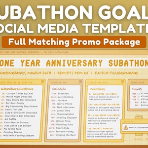 以下が含まれることがあります： 「Subathon Goals Social Media Templates Full Matching Promo Package」というテキストと、1周年記念サブサソンのスケジュールを示すコンピューター画面のスクリーンショットが描かれた黄色とオレンジのグラフィック。スケジュールには、サブスクライバーの目標、イベントスケジュール、インセンティブ、タイマーが含まれています。