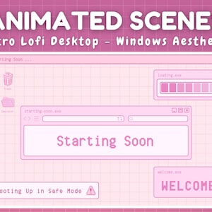 Op de afbeelding: Een roze en witte geanimeerde desktopscène met een retro-esthetiek. Het scherm toont een laadbalk, een zoekbalk en een bericht met de tekst "Start binnenkort". De tekst "Opstarten in veilige modus" wordt onderaan het scherm weergegeven.