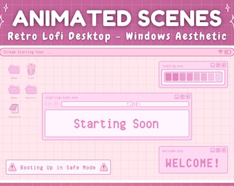 Animated Twitch Screens - Pink Retro Lofi Windows Aesthetic - Starting Soon, Be Right Back, Stream Ending Scene - Cute Pastel Pink, Cozy