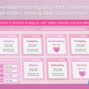 Puede incluir: Una plantilla de planificador digital cuadriculado rosa y blanco para un horario de transmisi&oacute;n semanal. La plantilla incluye los d&iacute;as de la semana, las fechas y las horas. La plantilla est&aacute; dise&ntilde;ada para ser utilizada con Canva.