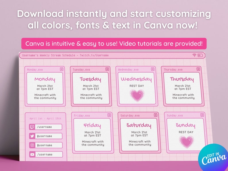 Puede incluir: Una plantilla de planificador digital cuadriculado rosa y blanco para un horario de transmisi&oacute;n semanal. La plantilla incluye los d&iacute;as de la semana, las fechas y las horas. La plantilla est&aacute; dise&ntilde;ada para ser utilizada con Canva.