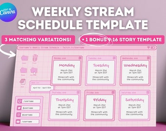 Calendario de transmisiones semanales de YouTube, Twitch, Lofi retro rosa / Redes sociales / Plantilla de Canva editable / Estética rosa, Lofi, Y2K, Windows, femenino, lindo