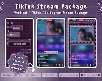 Puede incluir: Una maqueta de pantalla digital púrpura y blanca para un paquete de transmisión de TikTok. La pantalla muestra un mensaje de bienvenida, un mensaje de inicio pronto y una sección de chat con comentarios. El texto "Alertas, Decoración y Divisores incluidos!" se muestra en un círculo púrpura.