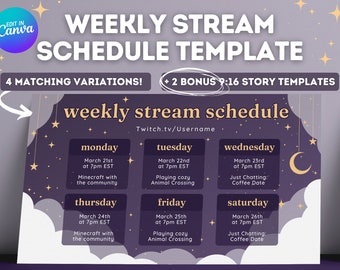 Dark Starry Night Sky Twitch YouTube Weekly Stream Schedule | Social Media | Editable Canva Template | Clouds, Stars, Purple Celestial, Moon