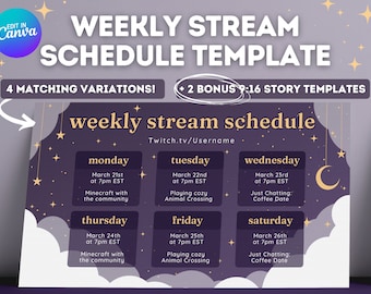 Dark Starry Night Sky Twitch YouTube Weekly Stream Schedule | Social Media | Editable Canva Template | Clouds, Stars, Purple Celestial, Moon