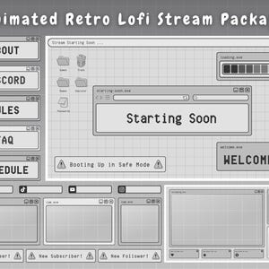 May include: A retro-style animated stream package with a grey and white colour scheme. The package includes a variety of elements, such as a "Starting Soon" banner, a "Welcome!" message, and a "Booting Up in Safe Mode" alert. The package also includes social media icons for Twitter, TikTok, YouTube, and Instagram.