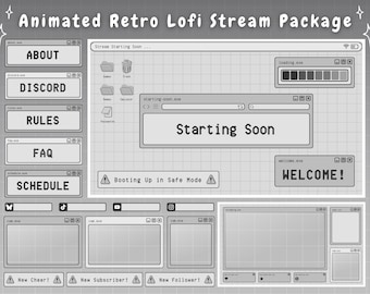 Twitch Overlay Stream Paket - Grau Retro Lofi PC UI Animiertes Twitch Overlay Lofi Twitch Overlay für Windows-Warnungen Panels Computer