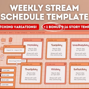 Puede incluir: Una plantilla de programación de transmisión semanal con un diseño colorido de estilo de dibujos animados. La plantilla presenta una pantalla de computadora con un patrón de cuadrícula y una serie de ventanas etiquetadas con los días de la semana. Cada ventana incluye la fecha, la hora y una descripción de la transmisión. El texto "Username's Weekly Stream Schedule - Twitch.tv/Username" está en la parte superior de la pantalla.
