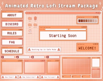 Twitch Overlay Stream Package Orange Retro Lofi Kawaii  - Animated Live Peach Orange Windows Alerts