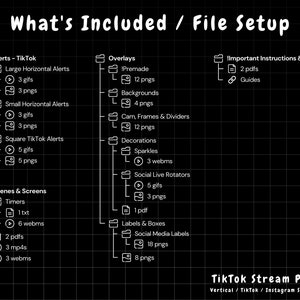 May include: A black and white graphic showing a file structure for a TikTok Stream Package. The file structure includes folders for alerts, overlays, scenes and screens, labels and boxes, and important instructions. The graphic includes the text "What's Included / File Setup" and "TikTok Stream Package".