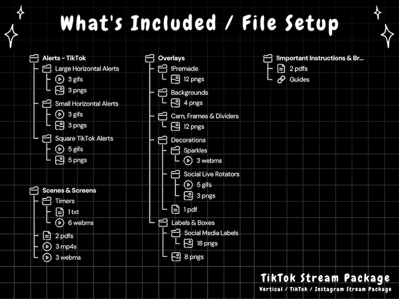 May include: A black and white graphic showing a file structure for a TikTok Stream Package. The file structure includes folders for alerts, overlays, scenes and screens, labels and boxes, and important instructions. The graphic includes the text "What's Included / File Setup" and "TikTok Stream Package".