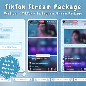 May include: A blue and white digital template for a TikTok or Instagram live stream. The template includes a welcome message, a starting soon message, and a live chat section. The template also includes alerts, decor, and dividers.