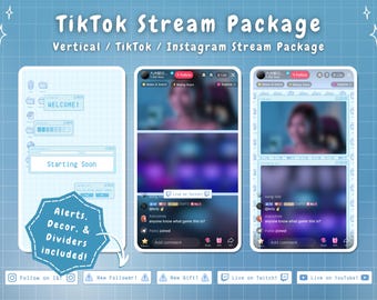 Pakiet nakładki na strumień TikTok - Niebieski Retro Lofi Kawaii Estetyczny - Animowana nakładka pionowa Lofi Blue TikTok Nakładka na żywo Jasnoniebieska Słodka