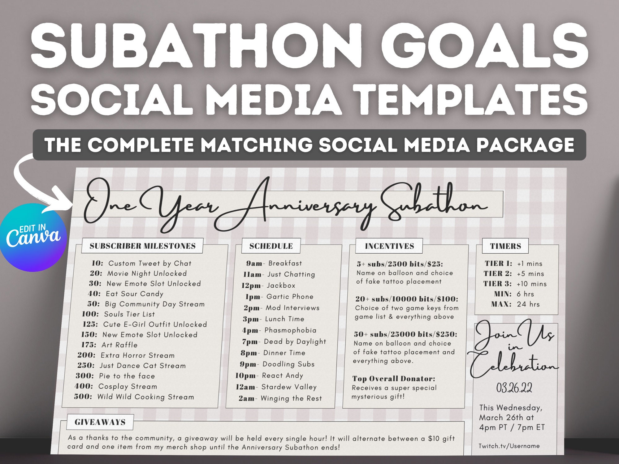 Twitch Subathon Social Media Package Minimal Aesthetic Cozy 